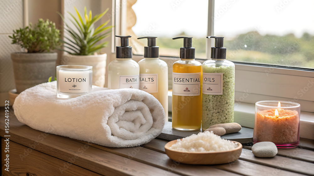 Still life of spa products including lotion bath salts oils candle and towel on a wooden surface - ai generated Still life of spa products including lotion bath salts oils candle and towel on a wooden surface - ai generated