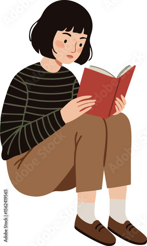 Young woman sitting reading red book casual clothing illustration vector 