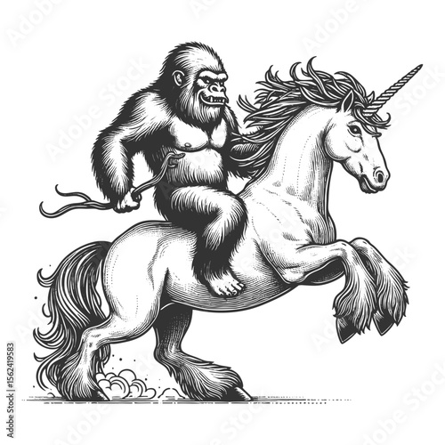 yeti riding a majestic unicorn sketch engraving generative ai fictional character vector illustration. Scratch board imitation. Black and white image.