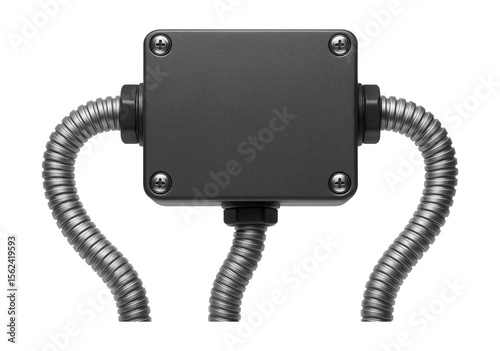 A junction box with flexible conduit attachments, suitable for wiring under a raised floor in a home office.