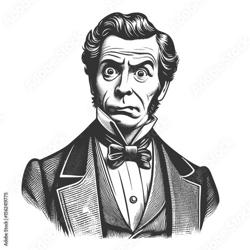 Victorian-era man with exaggerated expression, dressed in formal period clothing sketch engraving generative ai fictional character vector illustration. Scratch board imitation. Black and white image.