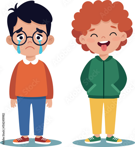 Sad boy crying with glasses and happy boy laughing in colorful clothes vector illustration 