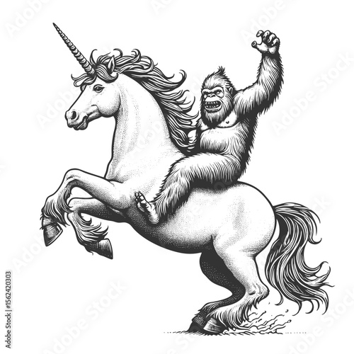yeti riding a majestic unicorn sketch engraving generative ai fictional character vector illustration. Scratch board imitation. Black and white image.