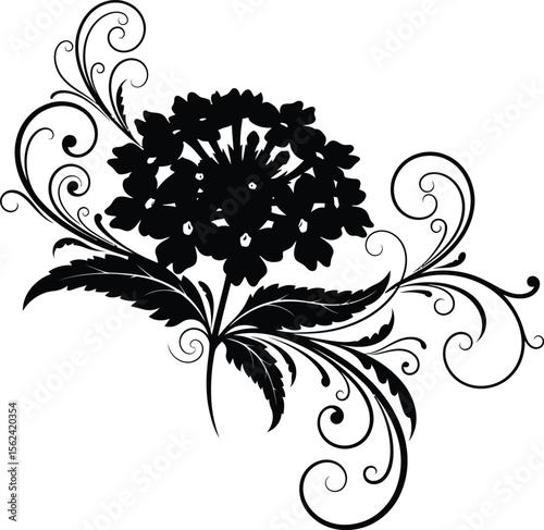 Black silhouette of a floral flourish with swirling vines and leaves leaf