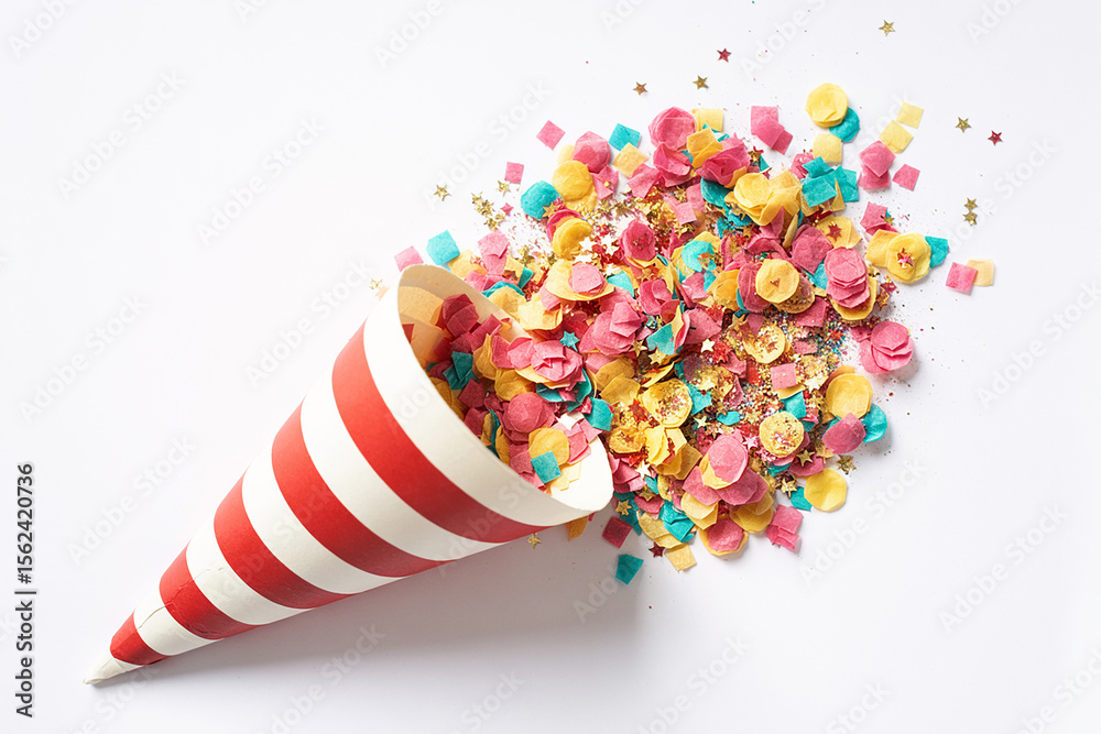 Obraz premium Vibrant confetti explosion from striped party popper celebration colorful
