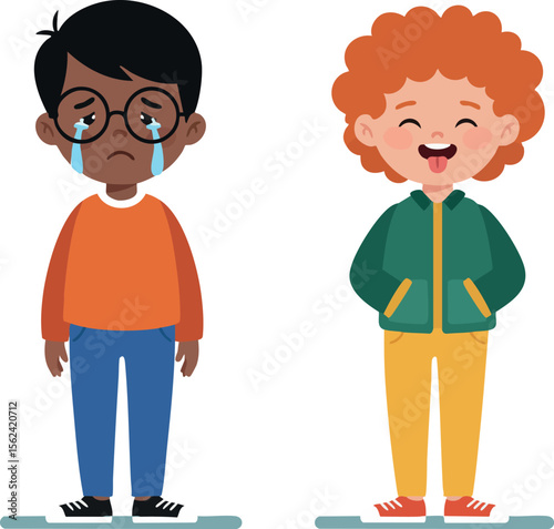 Two children contrasting emotions crying boy and laughing boy vector illustration 