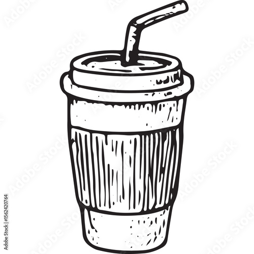 Black and white sketch of a takeaway coffee cup with straw, perfect for cafe and lifestyle designs