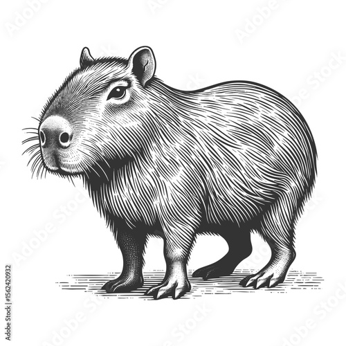 Capybara sketch engraving generative ai fictional character vector illustration. Scratch board imitation. Black and white image.