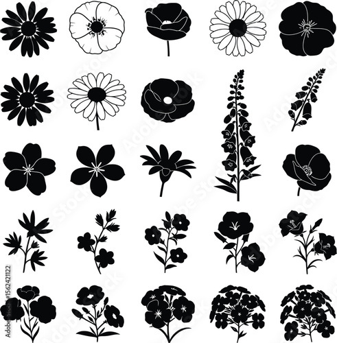 Collection of black silhouette floral illustrations on white background flower black and white