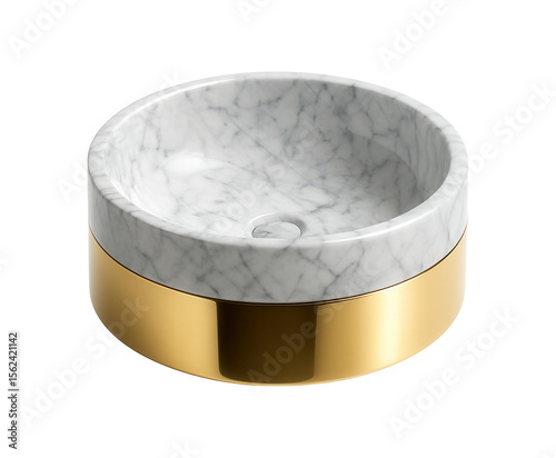 A round marble sink with a gold-finish vanity, perfect for a luxurious apartment powder room.