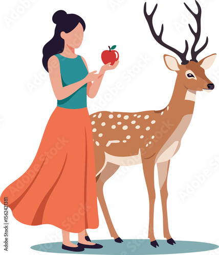 Woman Offering Red Apple to Spotted Deer in Calm Natural Setting Vector Illustration 