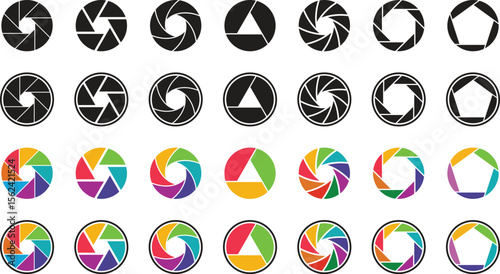 Lens aperture icon set. Camera shutter lens icon vector isolated on transparent background. Photo camera lens diaphragm and aperture focus, animated film video objective opening and zoom snap for app.
