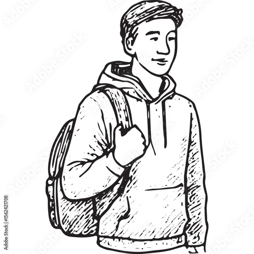 Wallpaper Mural Black and white sketch of a boy with backpack, perfect for school and student lifestyle designs Torontodigital.ca