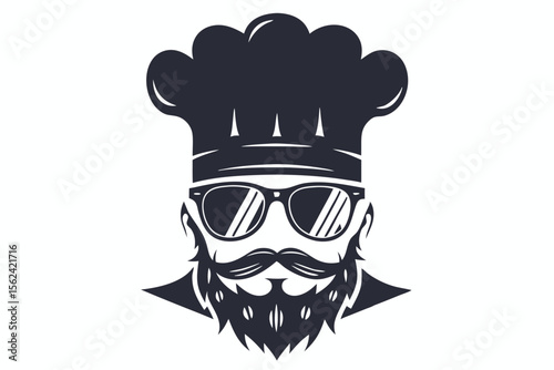 Silhouette of a bearded chef with sunglasses and a tall, puffy hat looks confident