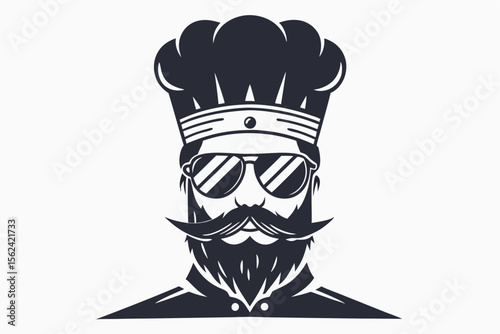 Monochrome chef with a large beard and sunglasses wears a traditional puffy toque