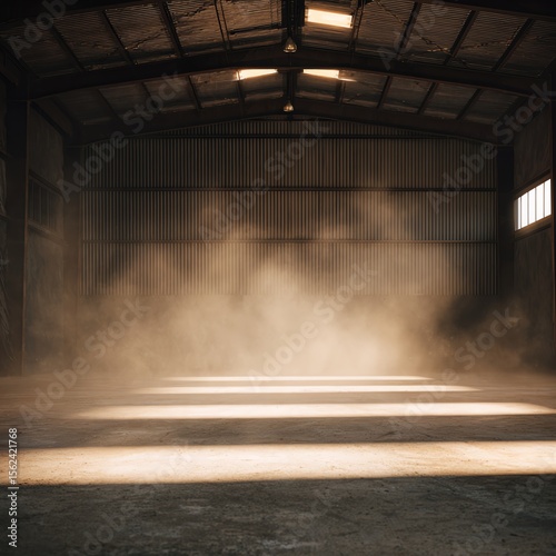 An empty industrial warehouse with sunlight streaming through windows, illuminating dust particles in the air and casting shadows on the concrete floor.