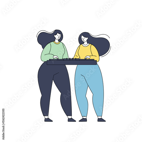 Two women playing keyboard and creating music in a minimalist style  