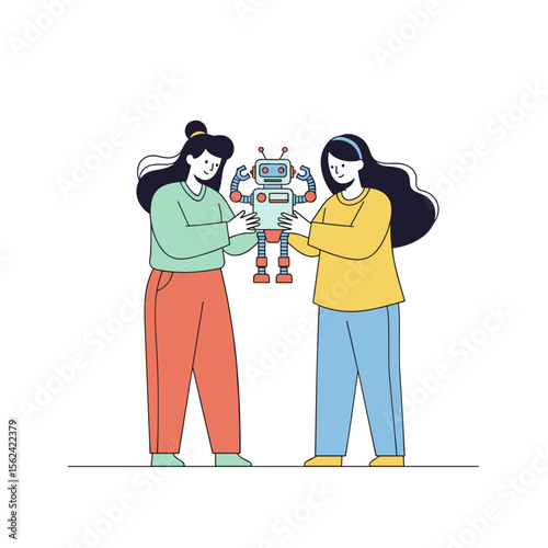 Two women holding a toy robot in a playful indoor setting  