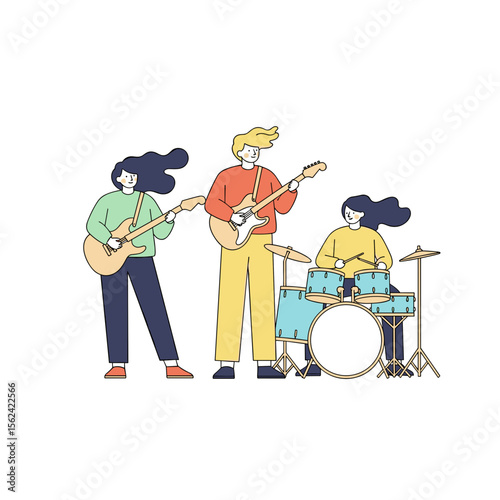 Three musicians playing instruments in a colorful band scene  