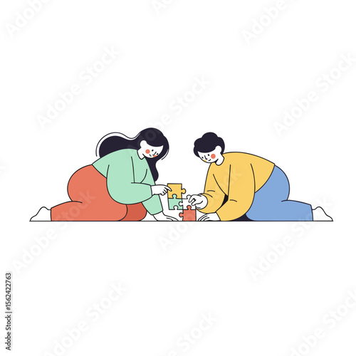 Two people assembling a puzzle together on the floor  