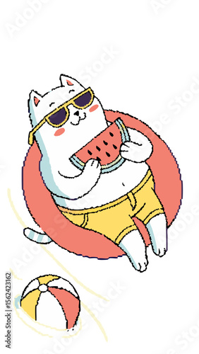 cartoon illustration of a cute, big, fluffy white cat floating on a pool floaty, wearing yellow boxer shorts and yellow sunglasses