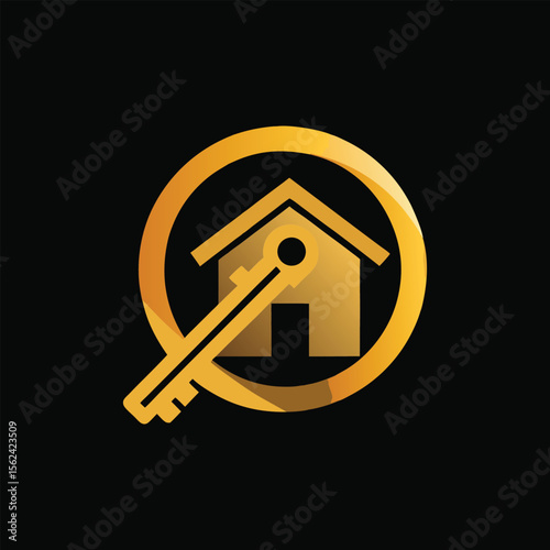 Golden key and modern home icon vector, real estate symbol, property security logo, house key illustration, smart home design