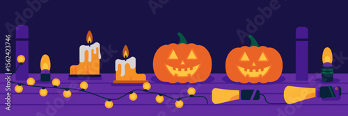 Halloween vector design with jack-o'-lanterns, candles, and flashlights – Suitable for haunted event posters, spooky designs, or Halloween decorations