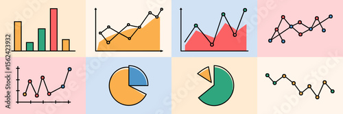 Data-driven chart icons with comparison and trend visuals – Great for business analytics, strategy planning, or presentation tools