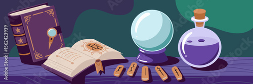 Halloween witchcraft items on wooden surface with dark background – Ideal for spooky product scenes, themed websites, or digital occult assets