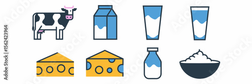 Flat design dairy icons with cow and cream – Great for food branding, farm-to-table promotions, or dairy marketing
