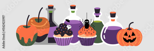 Vector set of Halloween treats including cupcakes, caramel apples, and potions – Suitable for themed recipe blogs, food branding, or trick-or-treat promotions