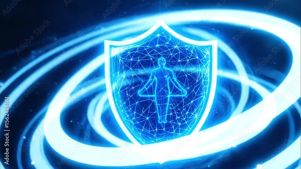 Blue glowing shield symbolizing health protection, slow spin with orbiting white rings and starry backdrop