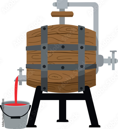 Wooden wine barrel dispenser pouring red wine into metal bucket vector illustration 