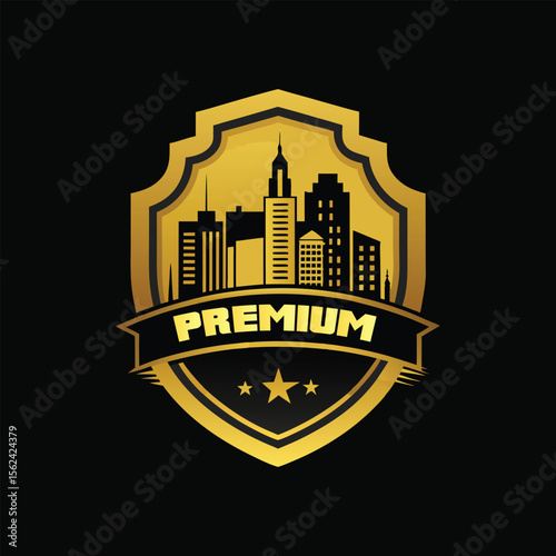 Golden Skyline Shield Logo, Premium Property Services, Luxury Real Estate Emblem, Modern Urban Icon, Exclusive Building Design
