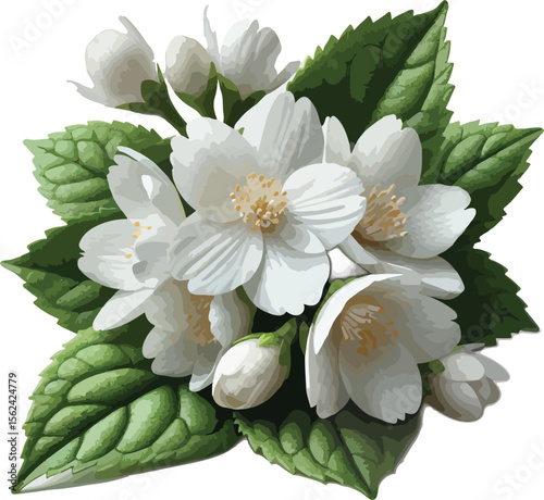 Elegant vector illustration of a blooming jasmine flower arrangement with green leaves