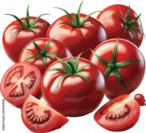 Fresh ripe tomatoes isolated on white background showing whole and sliced vegetables for food illustration