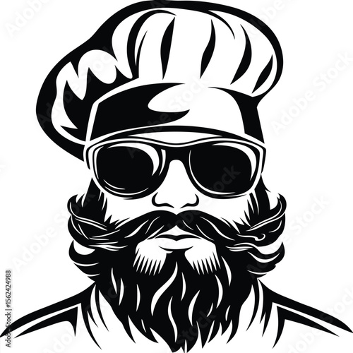 Isolated black silhouette shows a bearded chef wearing a hat and dark glasses