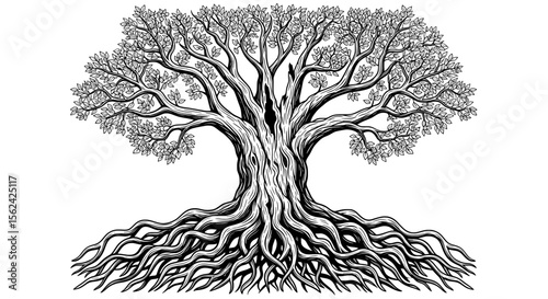 Majestic Spreading Oak Tree with Intricate Branch Network – Black & White Vector Illustration
