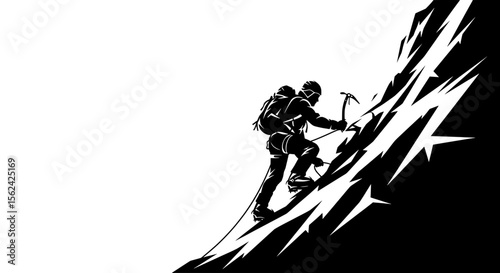 Alpine Climbers Scaling Snowy Peak – Extreme Sports Monochrome Graphic
