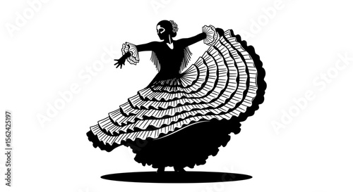 Dynamic Flamenco Dancer Twirling Ruffled Skirts – Dramatic Monochrome Illustration
