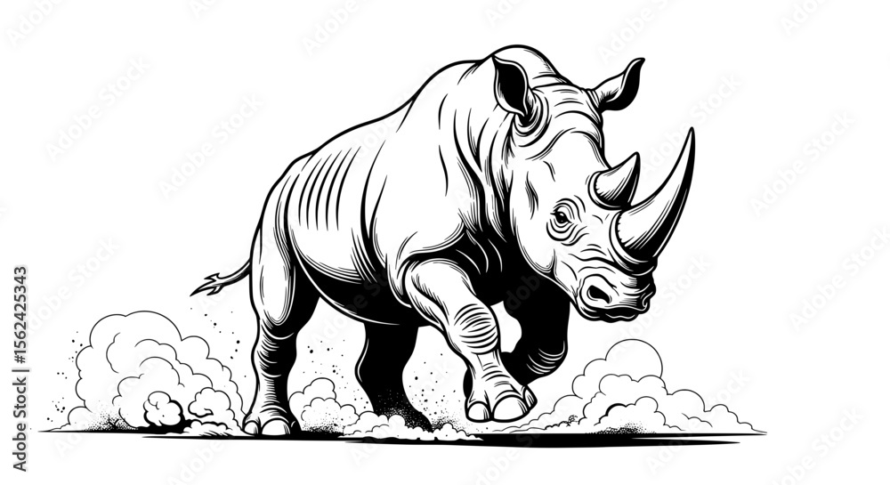 Fototapeta premium Charging Rhinoceros Power Pose – Black & White Clipart 