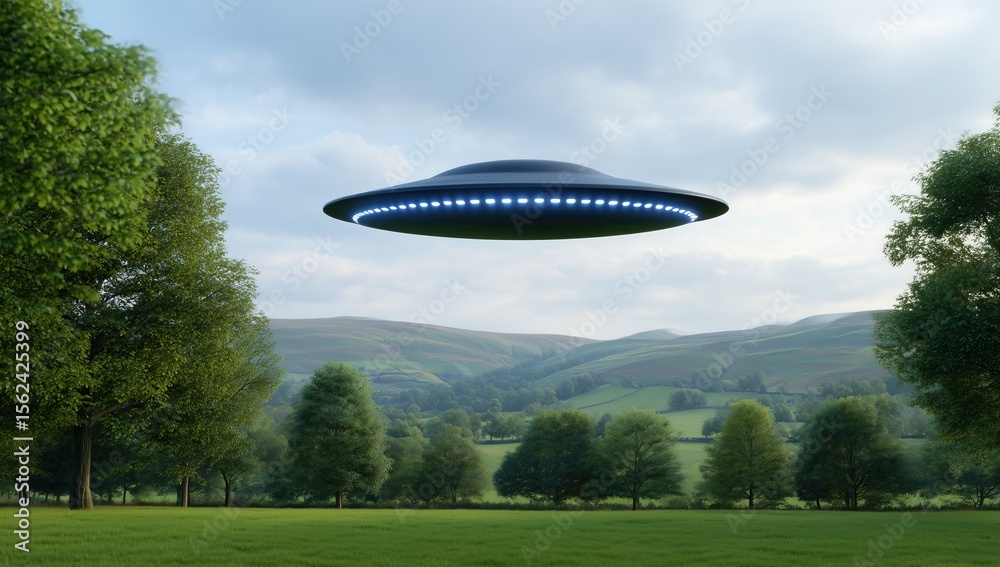 Fototapeta premium Mysterious UFO Descending Over Serene Landscape