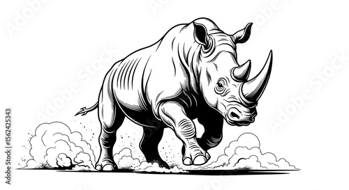 Charging Rhinoceros Power Pose – Black & White Clipart
