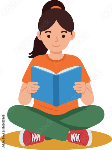 Young girl reading book sitting cross-legged on yellow mat in casual clothes vector illustration 