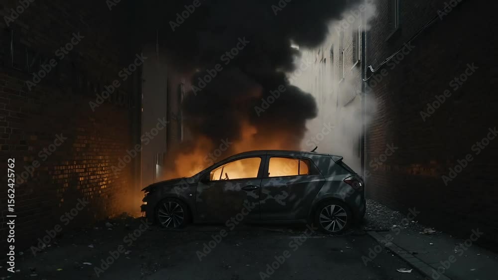 Burned car with smoke and fire in dark alley at night