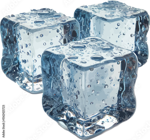 Three realistic ice cubes with water droplets in a clear vector style