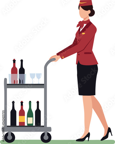 Flight attendant serving drinks trolley with wine bottles and glasses vector illustration 