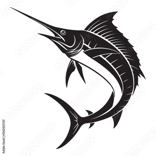 Dynamic black sleek marlin silhouette simple vector illustration design on white background