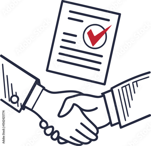 Vector art of a successful business handshake seals a contract with a red checkmark