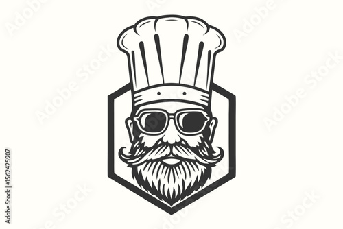 Monochrome chef portrait bearded man with sunglasses and a toque inside geometric badge